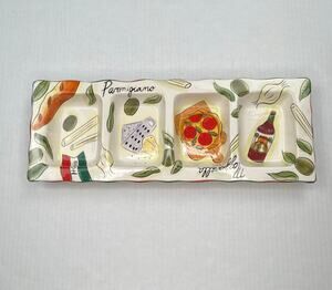 Vintage Clay Art Italiano Hand Painted 4 Compartment Serving Tray Relish Dish